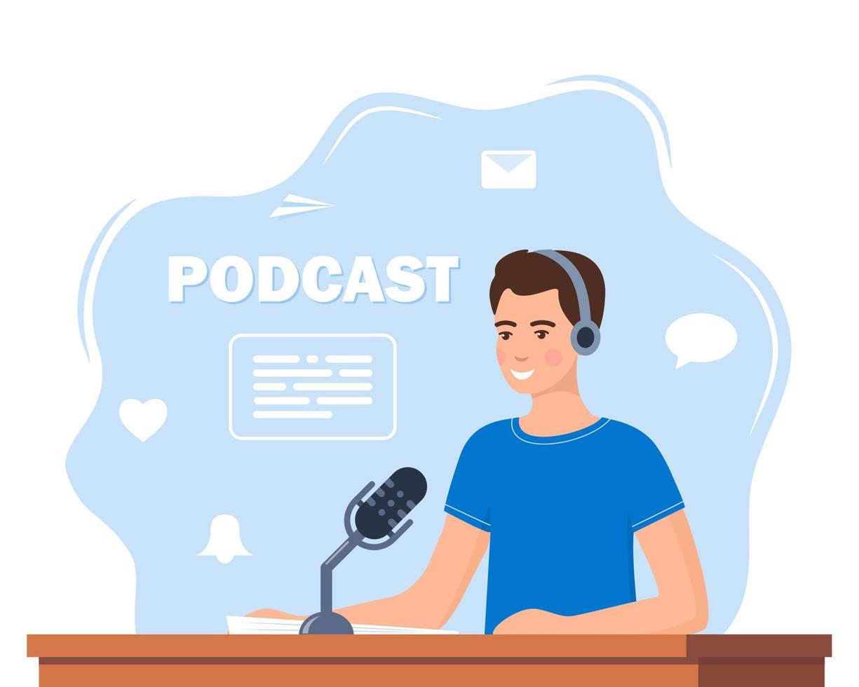 Man records a podcast in the studio. Men leading the broadcast on the radio station. Man in headphones speaks into a microphone in the studio. Broadcast. Vector illustration.