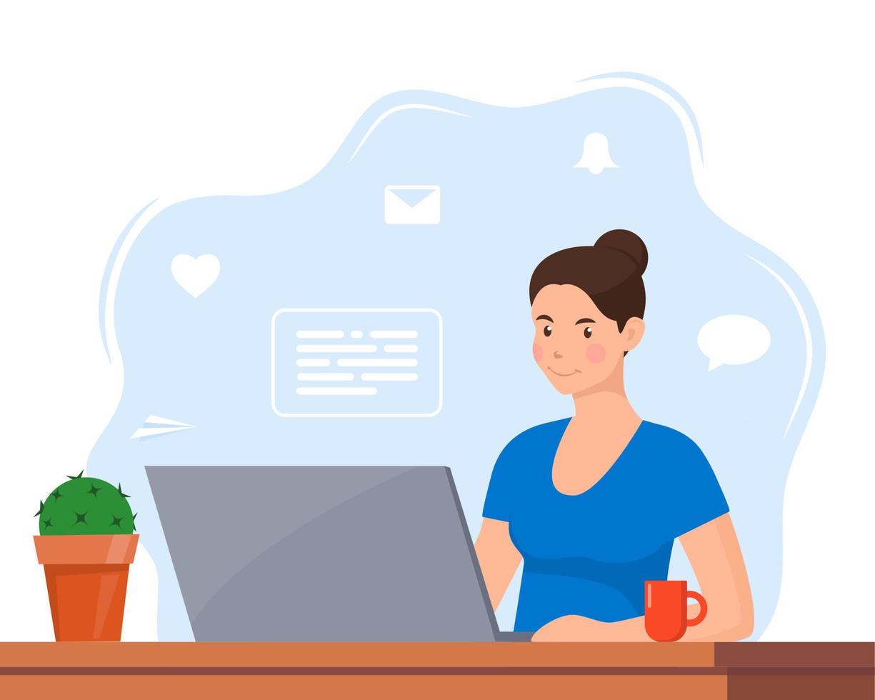 Young woman working on laptop at home office. Freelancer at work, remote work. Young woman sitting at a desk with a laptop and coffee cup. Flat style color modern vector illustration.