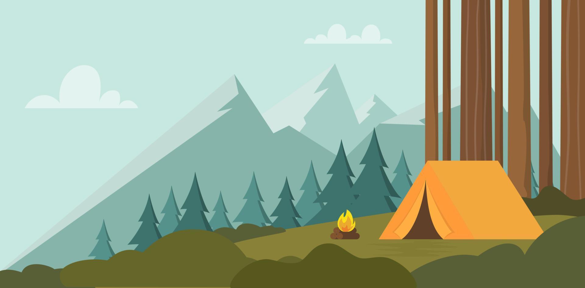 Landscape with forest campsite against mountains in background. Orange tent in forest. Banner, poster for Climbing, hiking, trakking sport, adventure tourism, travel, backpacking. Vector illustration.