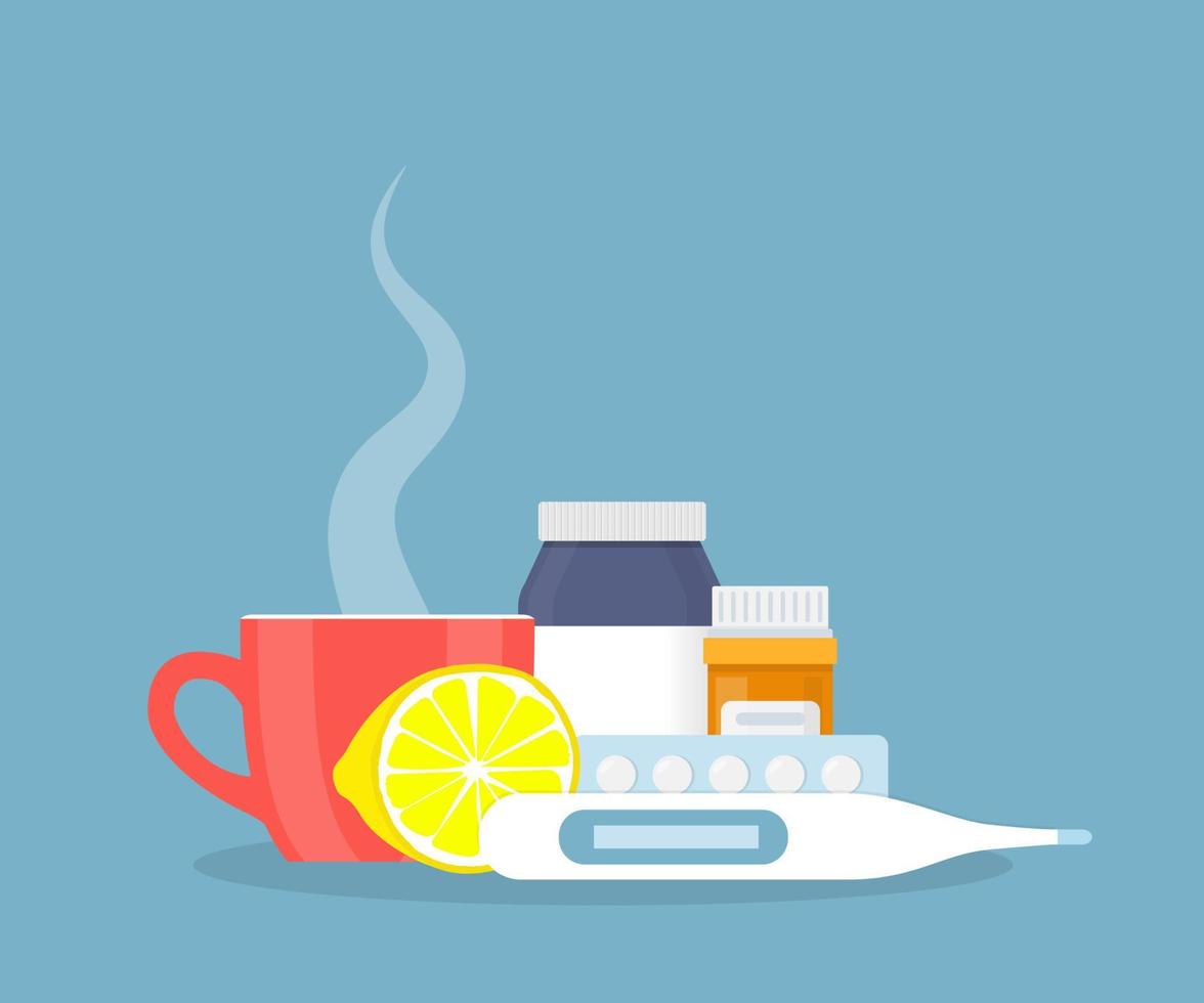 Medical concept. Cold, flu, cough drugs medicinal syrup, pills, capsules, cup of hot drink, thermometer, lemon. Vector illustration in a flat style.