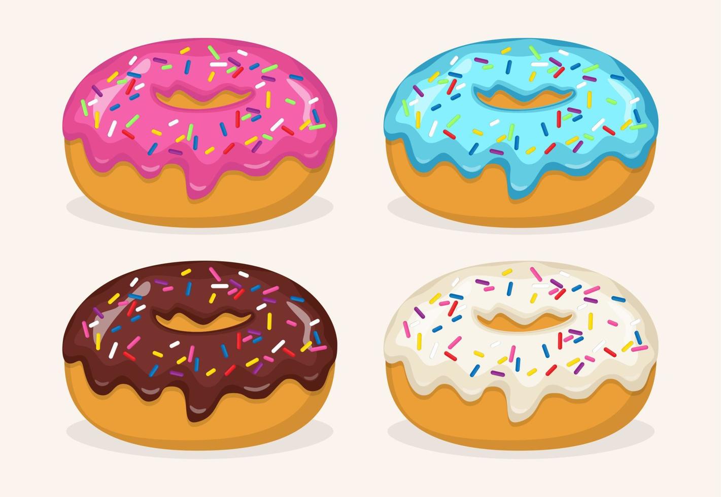 Donuts with different color frosting, set. Side view donuts in glaze, with sprinkles, for cafe menu design, cafe decoration, discount voucher, flyer, advertising poster. Vector illustration.