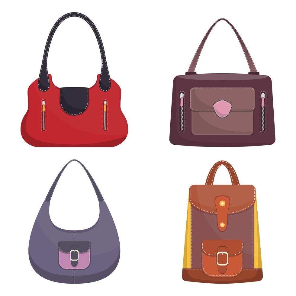 Collection of stylish colorful leather handbags with white stitching. Woman bag. Ladies handbags isolated on white background. Fashion accessories. Vector illustration in flat style.