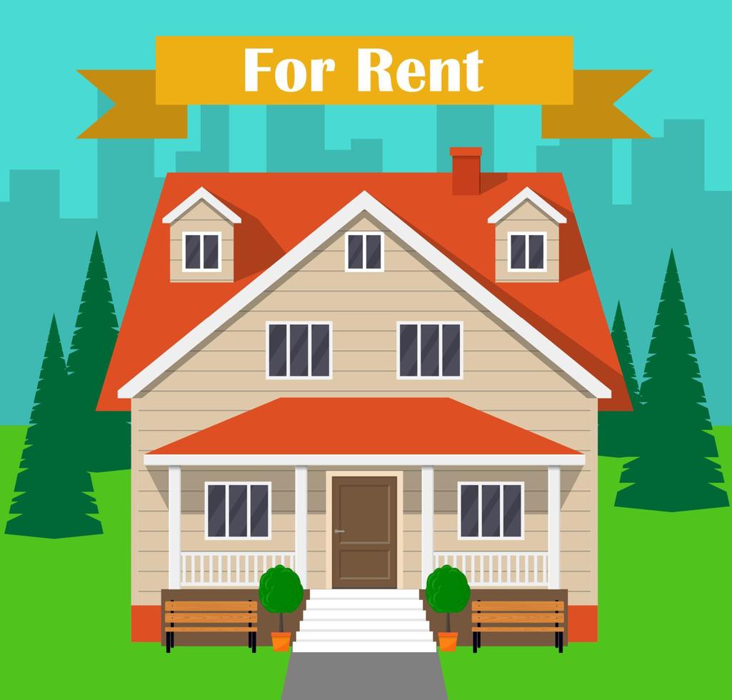 House for rent. Traditional cottage s facade, house renting concept. Vector illustration in flat style.