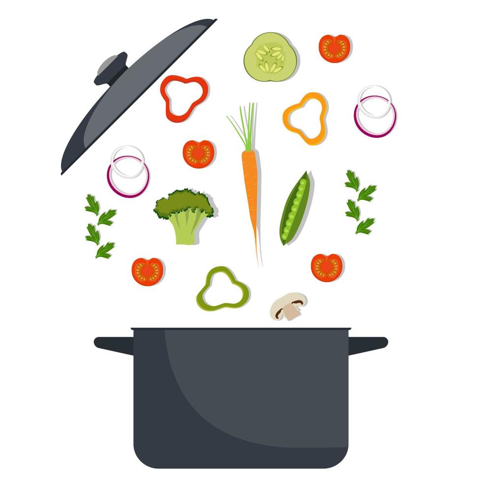 Vegetables and pan. Broccoli, pepper, red tomato, carrot, onion, greens. Cooking process vector illustration.