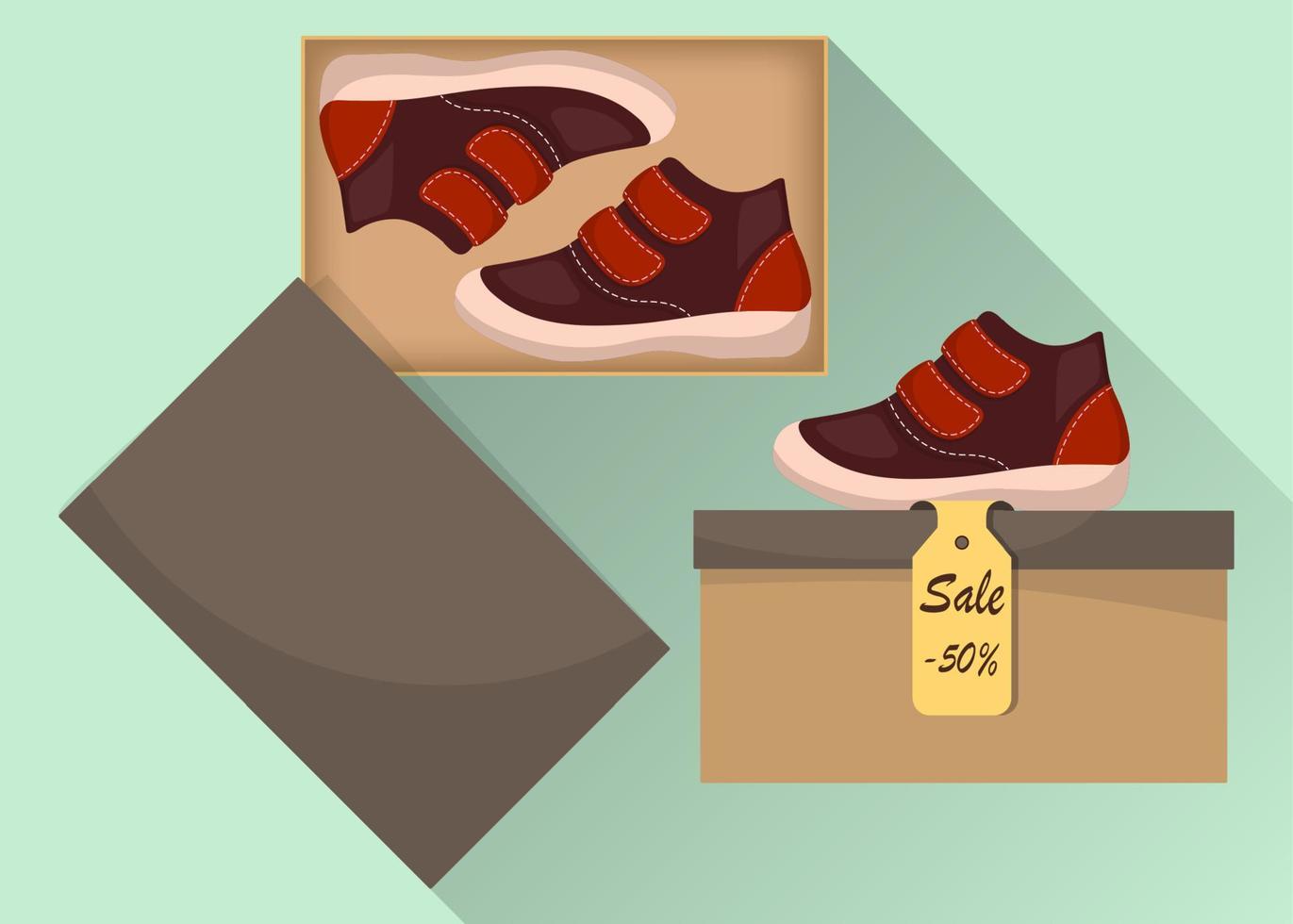 Little cute baby shoes in box, side view. Sale with a discount of 50 percent. Kid s casual brown boots. Illustration for a shoe store. Vector flat illustration.