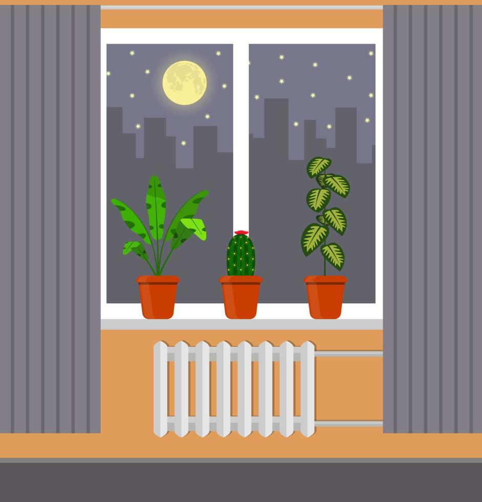 Big window with curtain and plants in pots on the windowsill. Night city, moon, clouds and stars outside the window. Vector illustration in flat style.