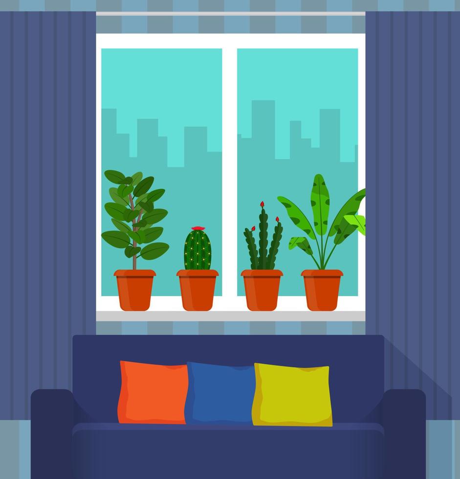 Big window with curtain and plants in pots on the windowsill, the couch in the foreground. City outside the window. Vector illustration in flat style.