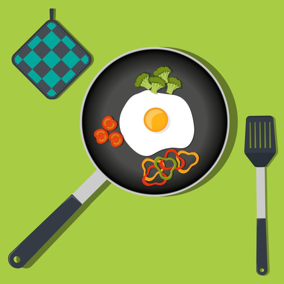 Traditional Breakfast. Scrambled eggs with vegetables on frying pan. Vector illustration in flat style.