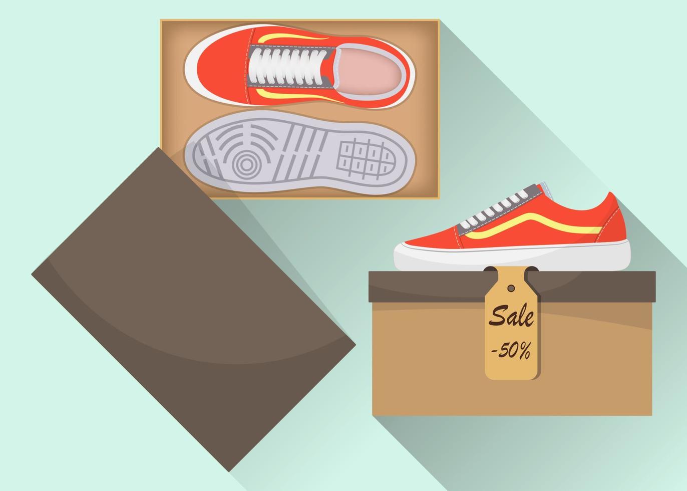 Stylish modern sneakers in box, side and top view. The price tag with a discount of 50 percent. Sports or casual shoes. Illustration for a shoe store. Vector flat illustration.