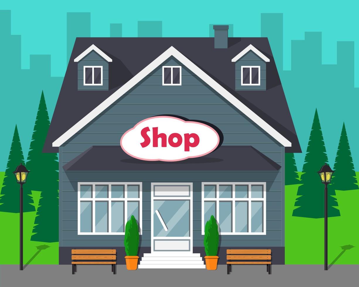 Beautiful modern store front with big windows and sign Shop on the facade. Cartoon vector illustration.