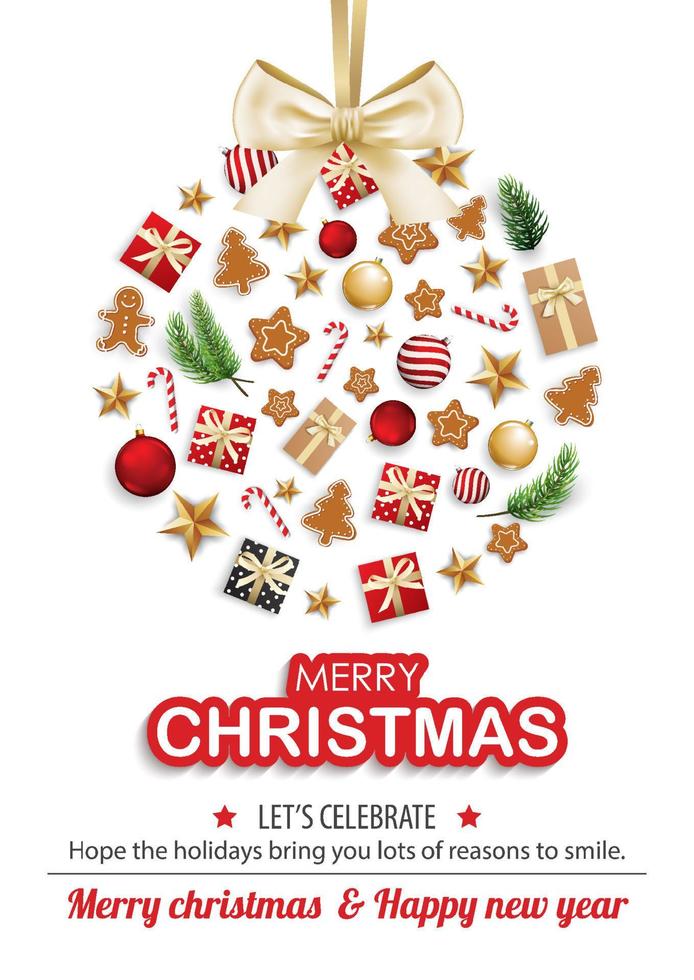 Merry christmas object in glass ball shape for flyer and brochure design background template. Happy holiday greeting banner and card template. vector