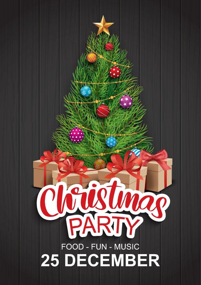 Merry christmas party with tree and gift box for flyer brochure design on wood background invitation theme concept. Happy holiday greeting banner and card template. vector