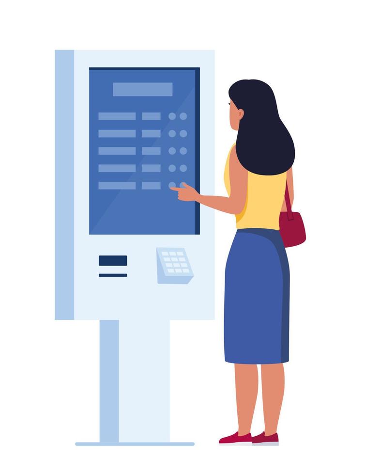 mujer que usa el pago de autoservicio y el terminal electrónico de información con pantalla táctil. ilustración vectorial en estilo plano. vector