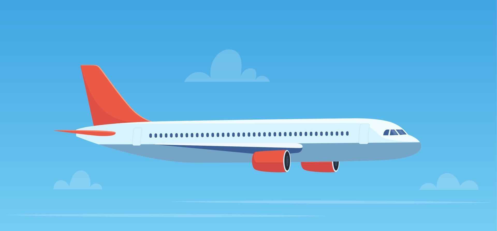 Flying plane above the clouds. Aircraft in the sky. Travel concept illustration for advertising airline, website to search for air tickets, travel agency. Traveling flyer, banner, vector illustration.