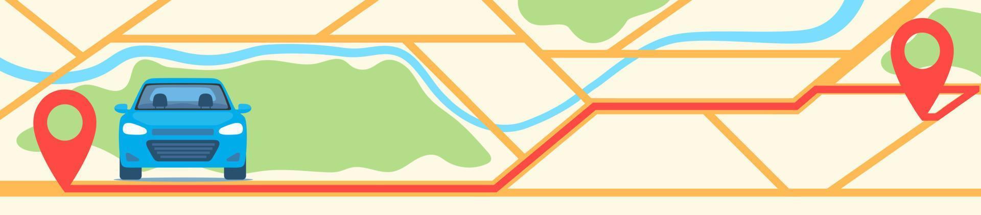 Car on city map with red pins and route between them. Horizontal banner template. GPS navigator or car sharing concept illustration, vector. vector