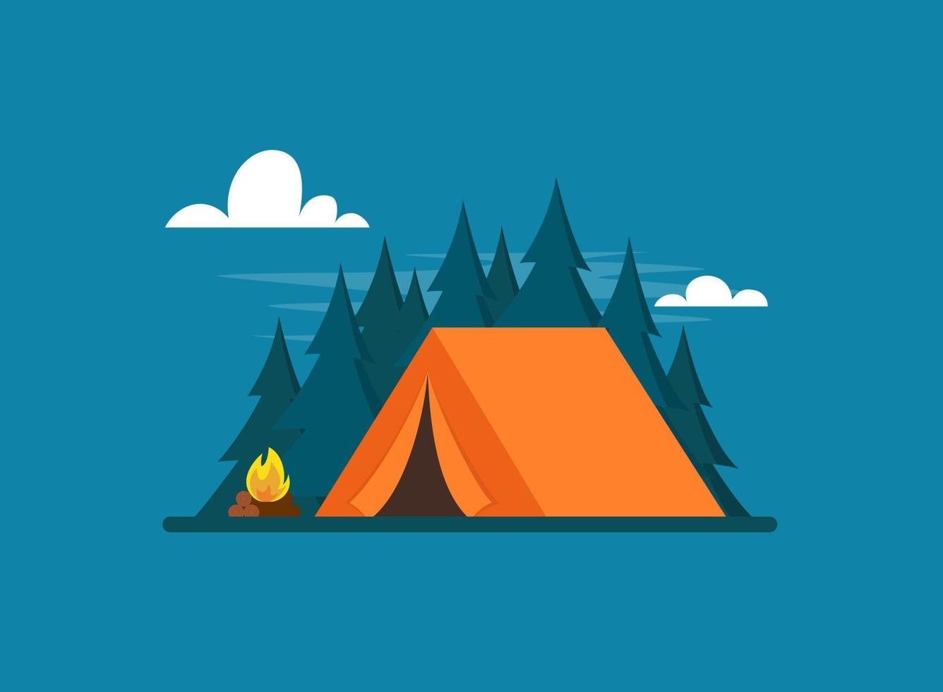 carpa naranja en el bosque. tienda, bosque y fuego. pancarta, afiche para escalada, senderismo, deporte de trakking, turismo de aventura, viajes, mochilero. ilustración de vector plano simple.