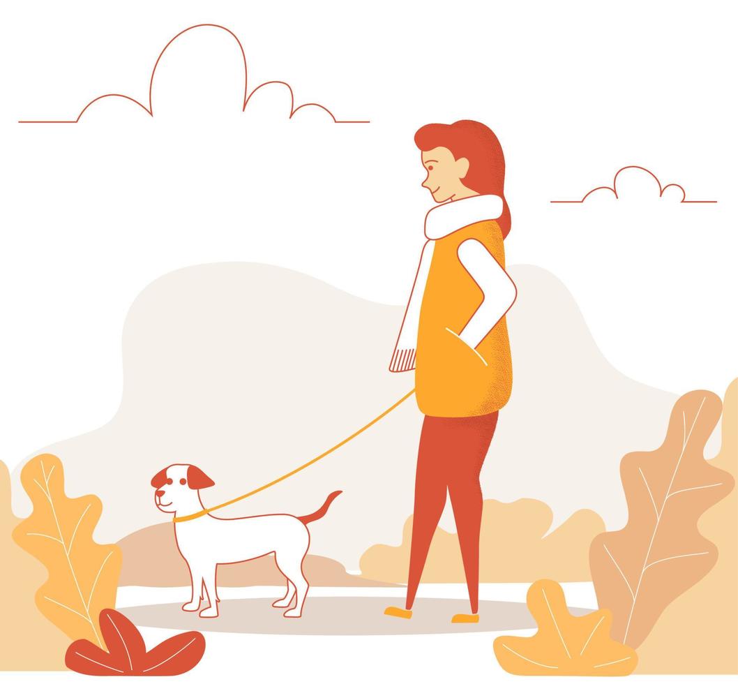 personaje de mujer de arte lineal caminando con un perro lindo. chica caminando en el parque de otoño con su perro. ilustración vectorial en un estilo plano. vector