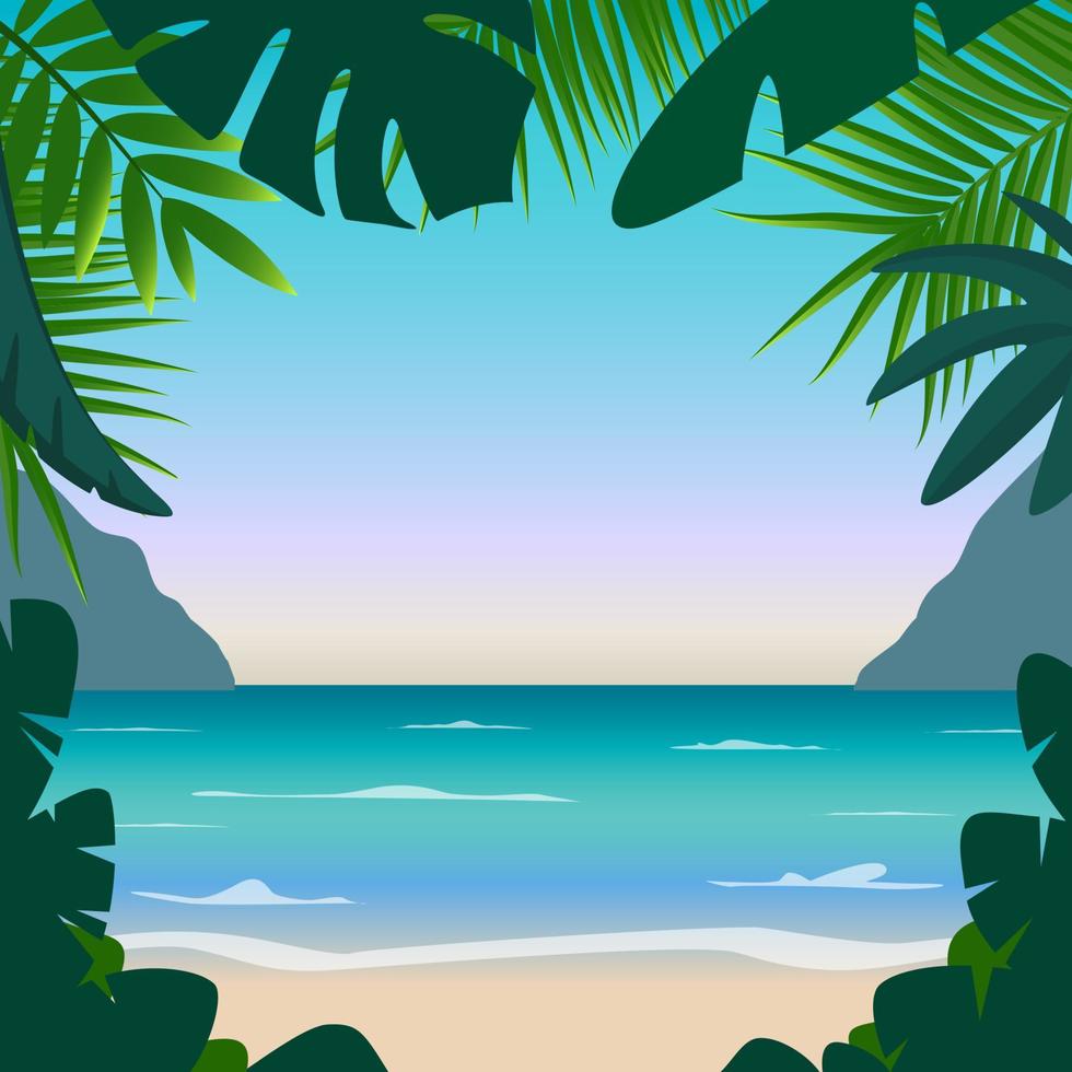 Summer background with sea, sand, palms, mountains and place for your text. Good for flyer, booklets, poster. Vector colorful illustration in flat style.