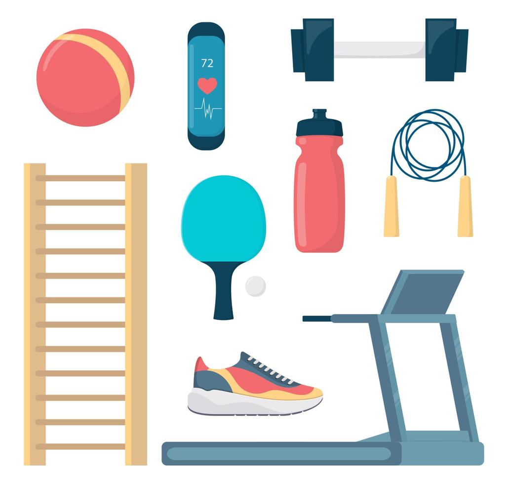 Fitness equipment set, flat style vector illustration.