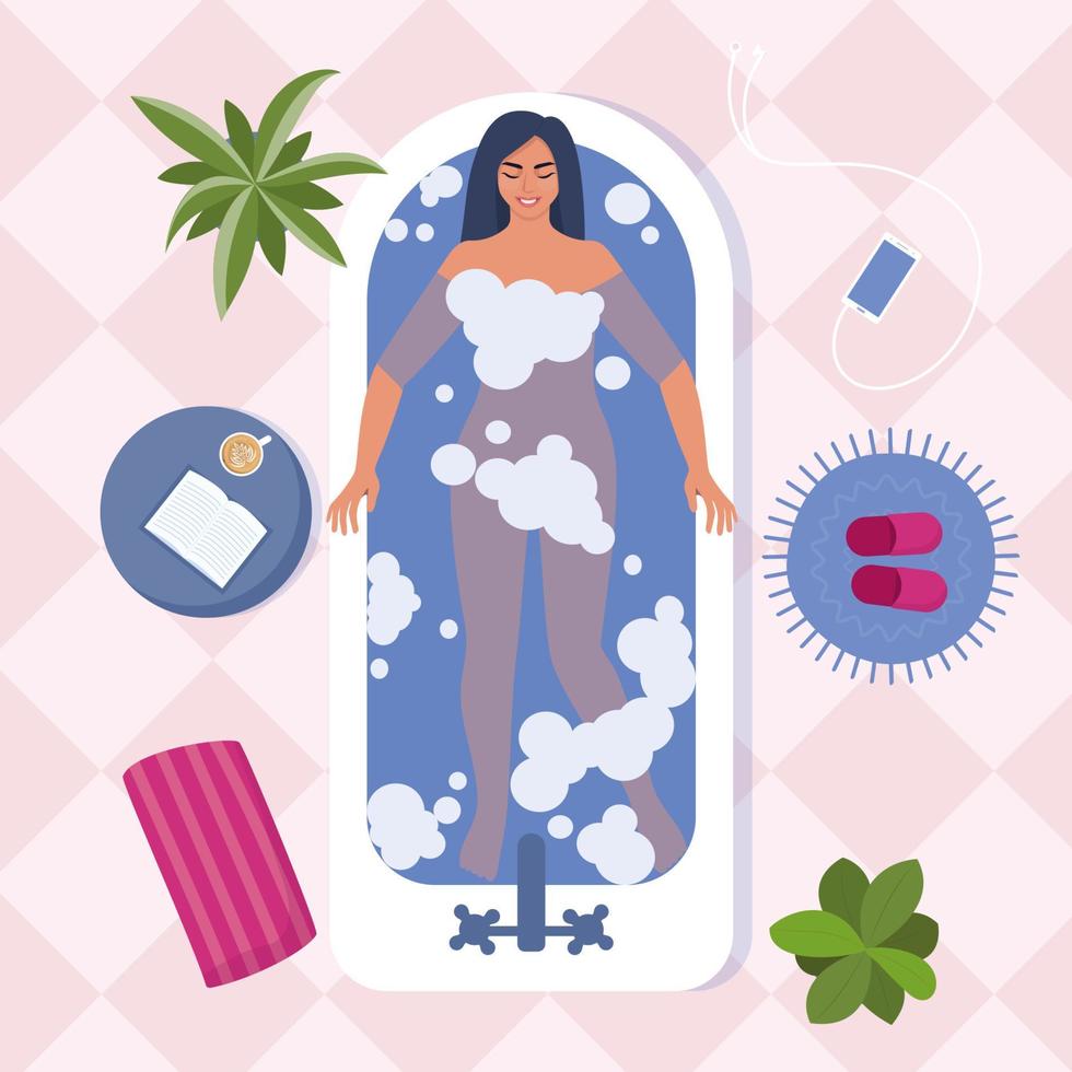 mujer bañándose, vista superior. chica relajante en el baño. una mujer relajada y contenta sonríe mientras está en el baño. ilustración vectorial de estilo plano. vector