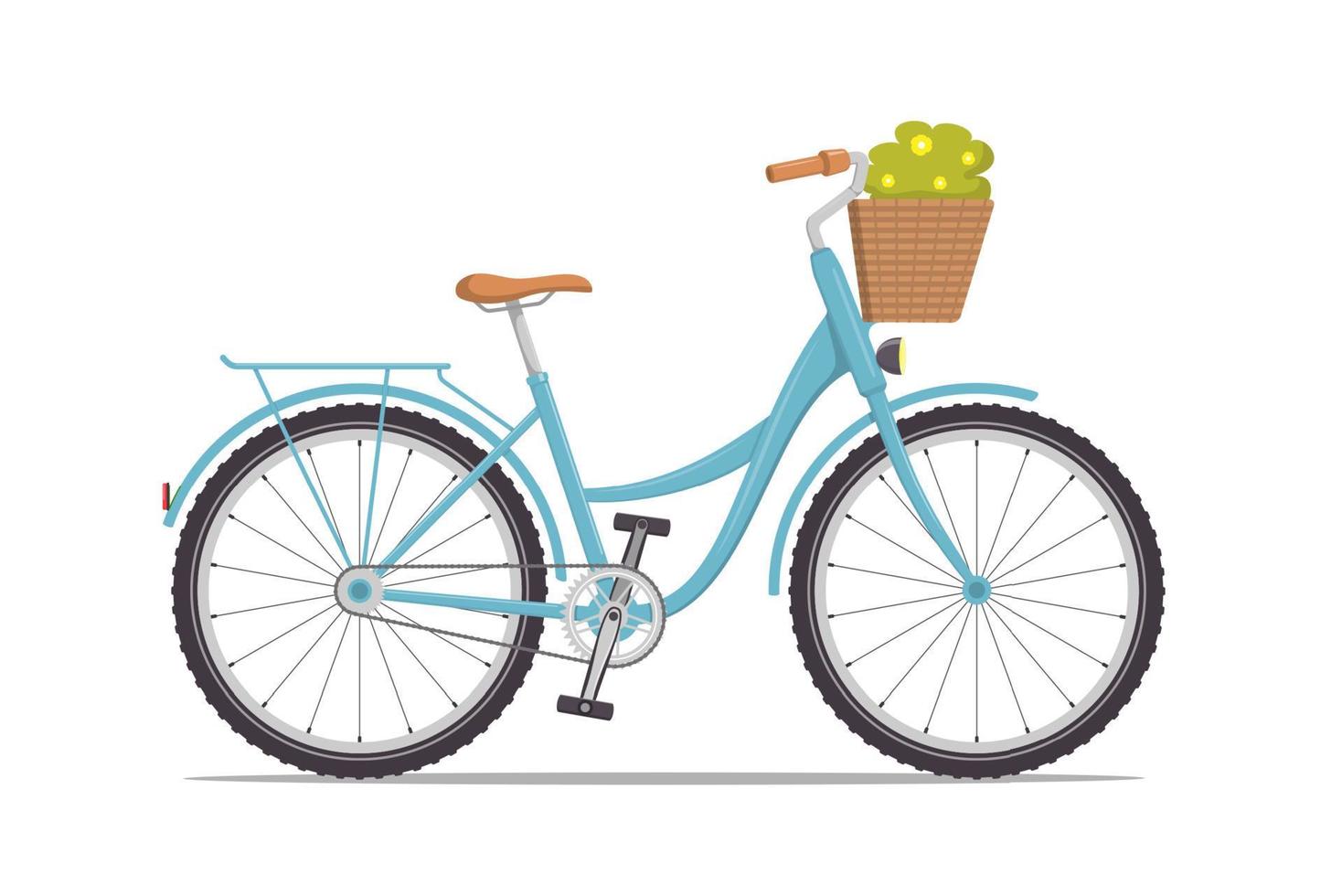 Cute women s retro bike with a low frame and basket with flowers in front. Vintage bicycle. Vector illustration in flat style.