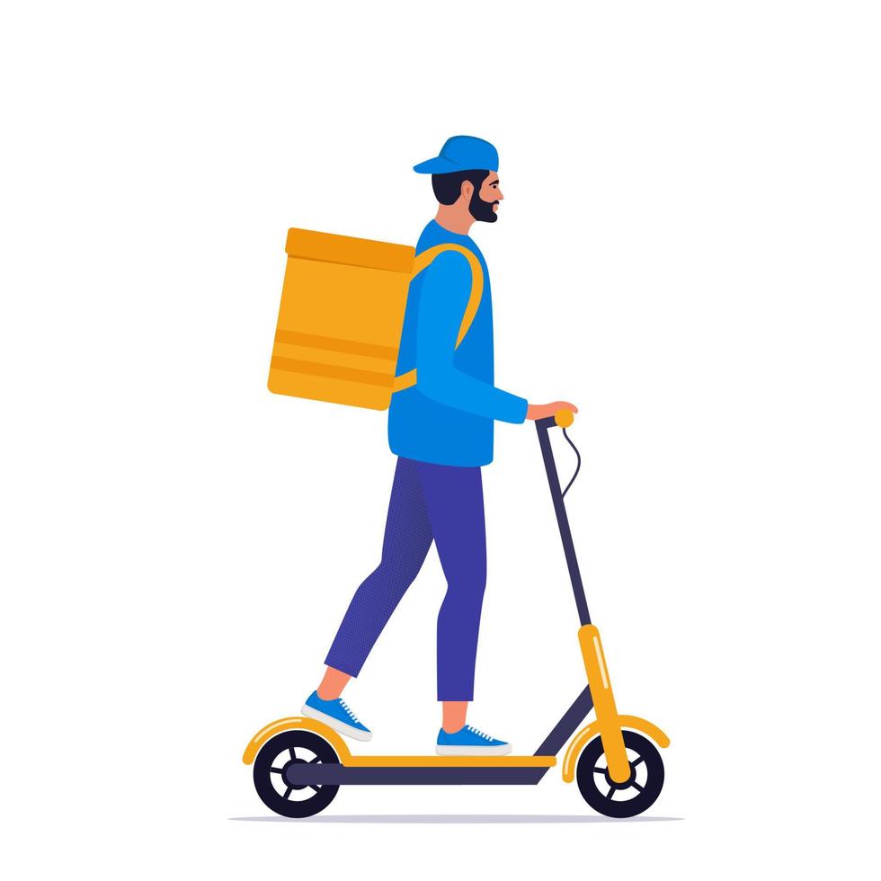 entrega joven mensajero montando scooter eléctrico con caja de producto de paquete amarillo. concepto de servicio de envío rápido en la calle de la ciudad. ilustración vectorial en estilo plano. vector