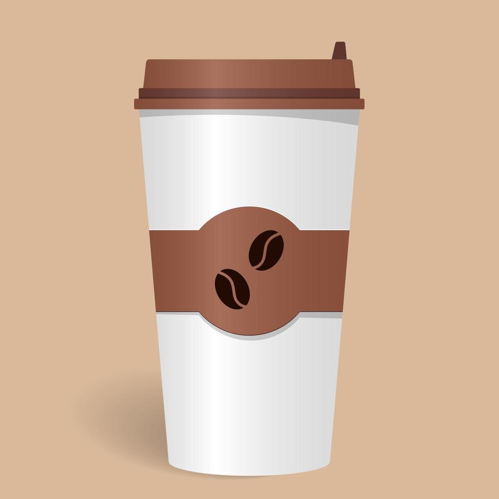 Realistic paper coffee Cup with lid and emblem with coffee beans. Take-away coffee. Coffee to go. Vector illustration.