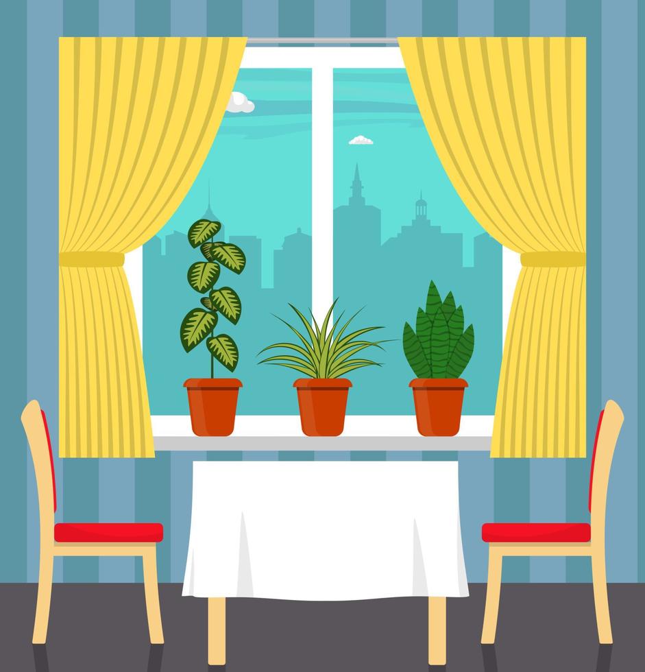 Big window with curtain and plants in pots on the windowsill, table with white tablecloth and two chairs in the foreground. City outside the window. Vector illustration in flat style.