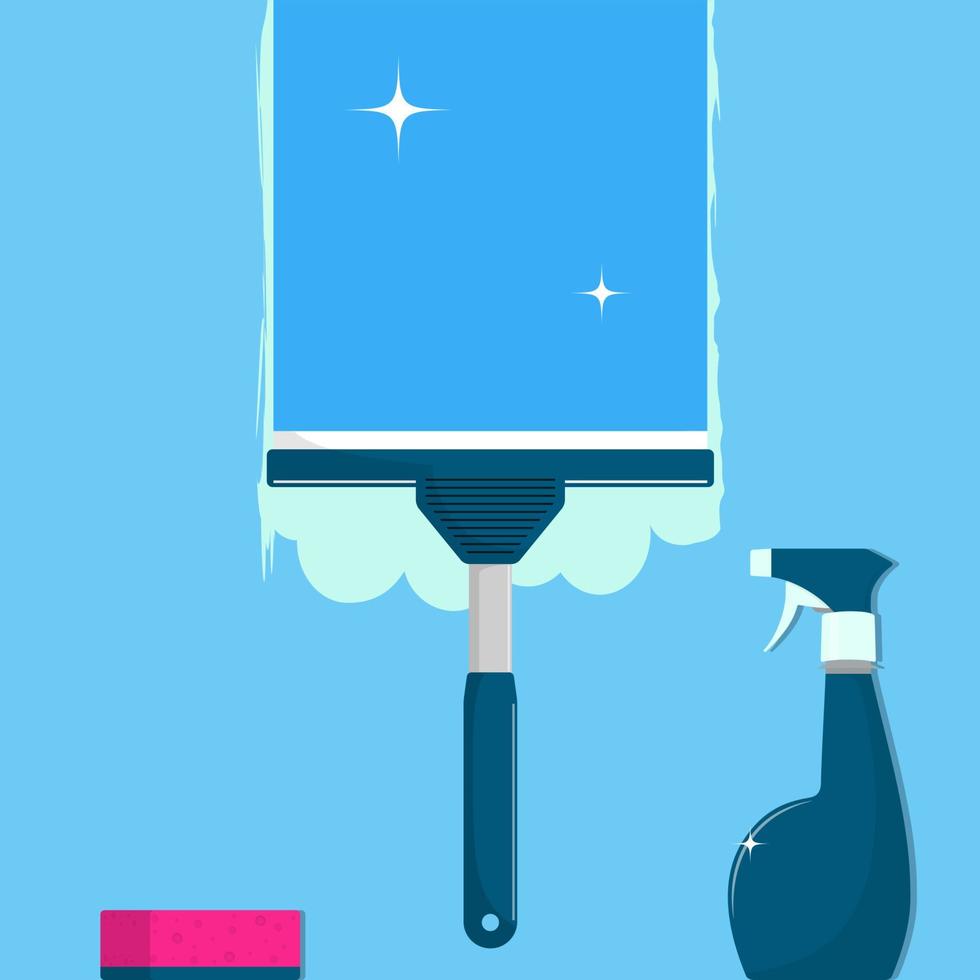 Window cleaning. Glass scraper glides over the glass, making it clean. Spray glass cleaner and a sponge. Window cleaning service concept. Vector illustration in flat style.
