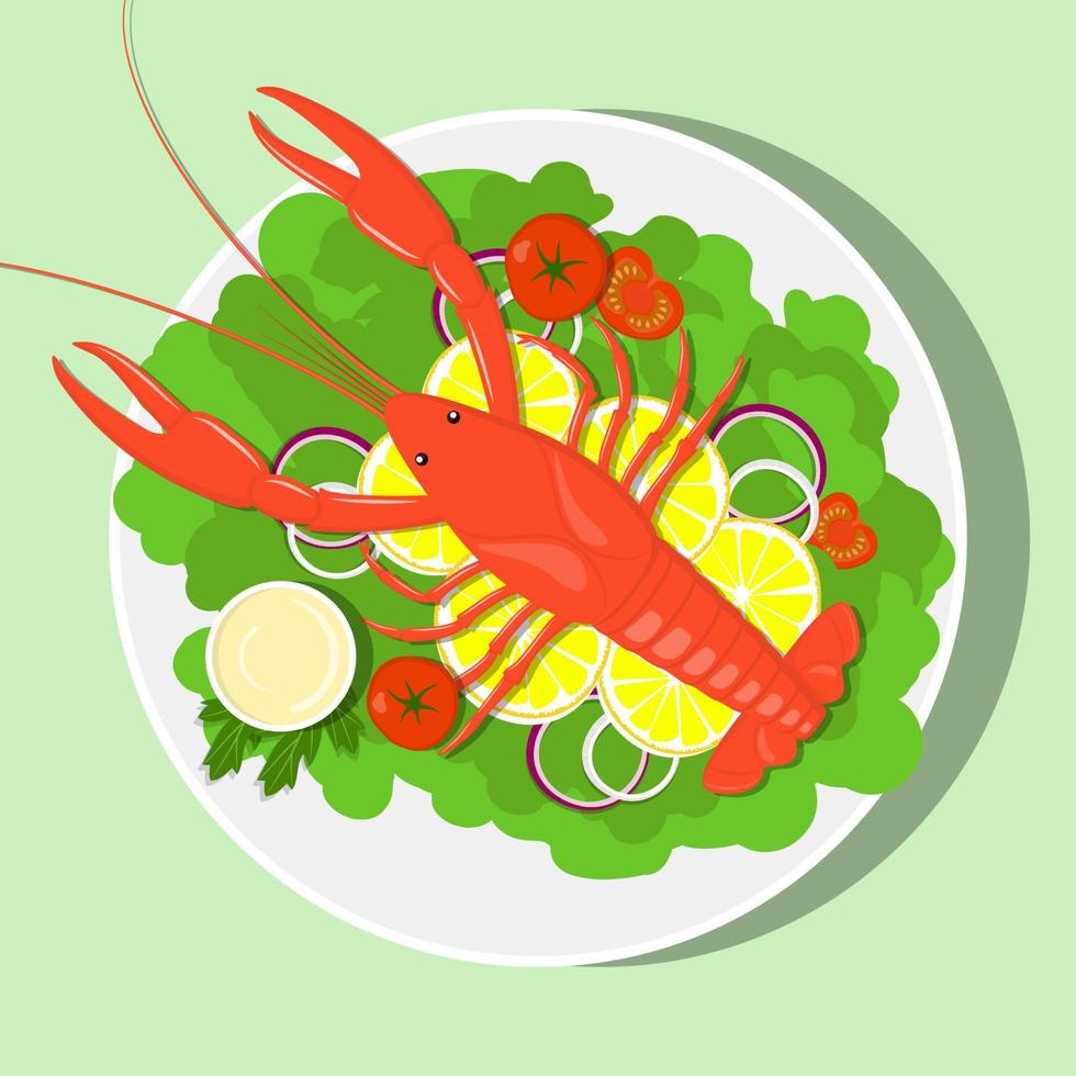 Big red lobster on white plate with lemon slices, lettuce leaves, onion, tomatos, sauce. Vector flat illustration.