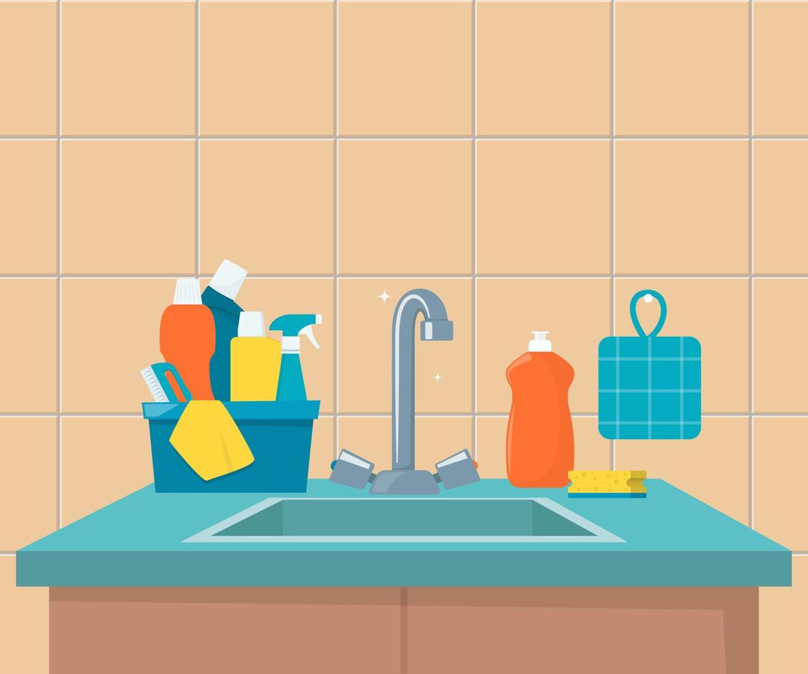 Kitchen sink. Clean sink with kitchenware, modern furniture and utensils. Washing dishes kitchen sink, vector illustration.