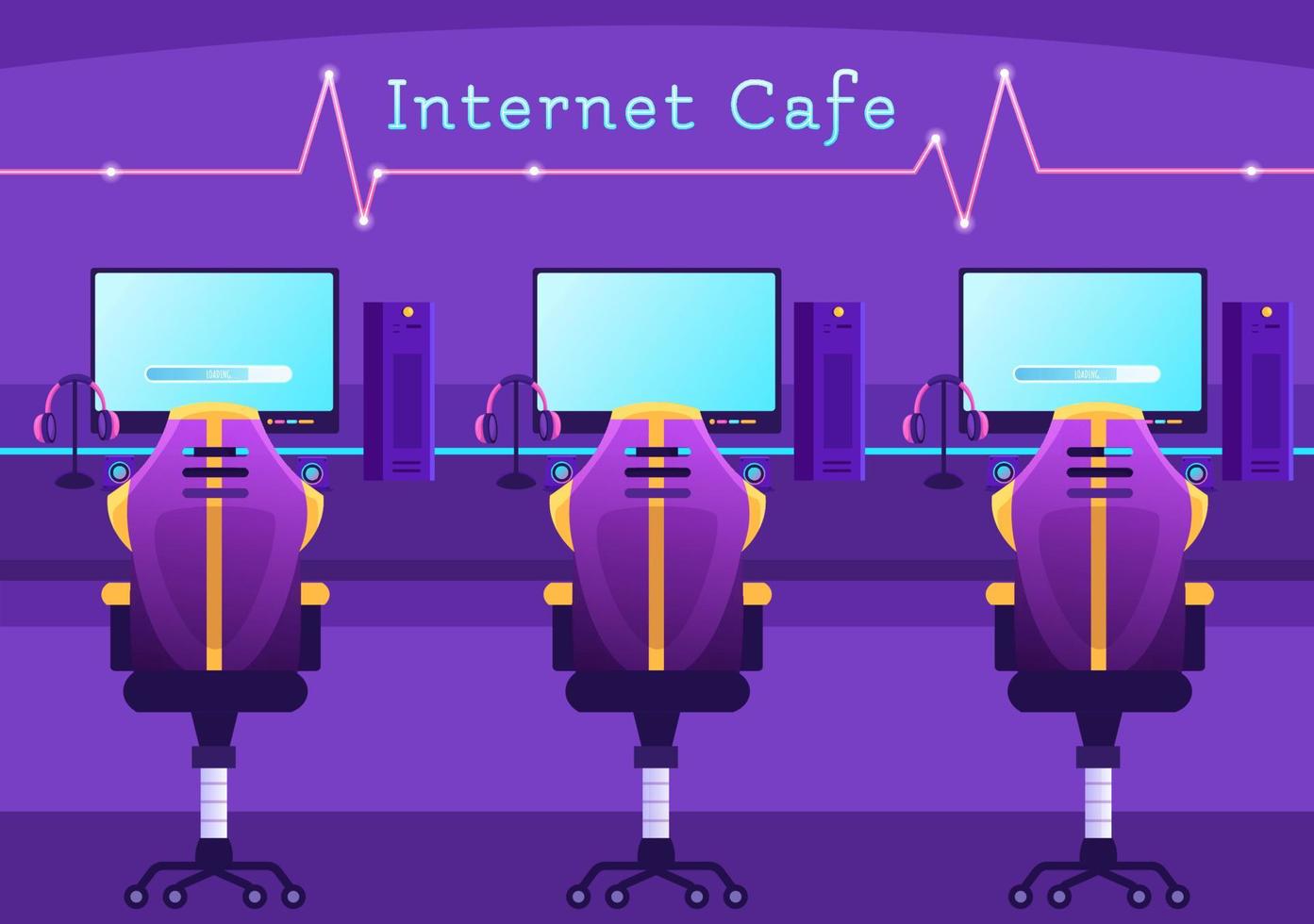 Internet Cafe of Young People Playing Games, Workplace use a Laptop, Talking and Drinking in Flat Cartoon Hand Drawn Templates Illustration vector