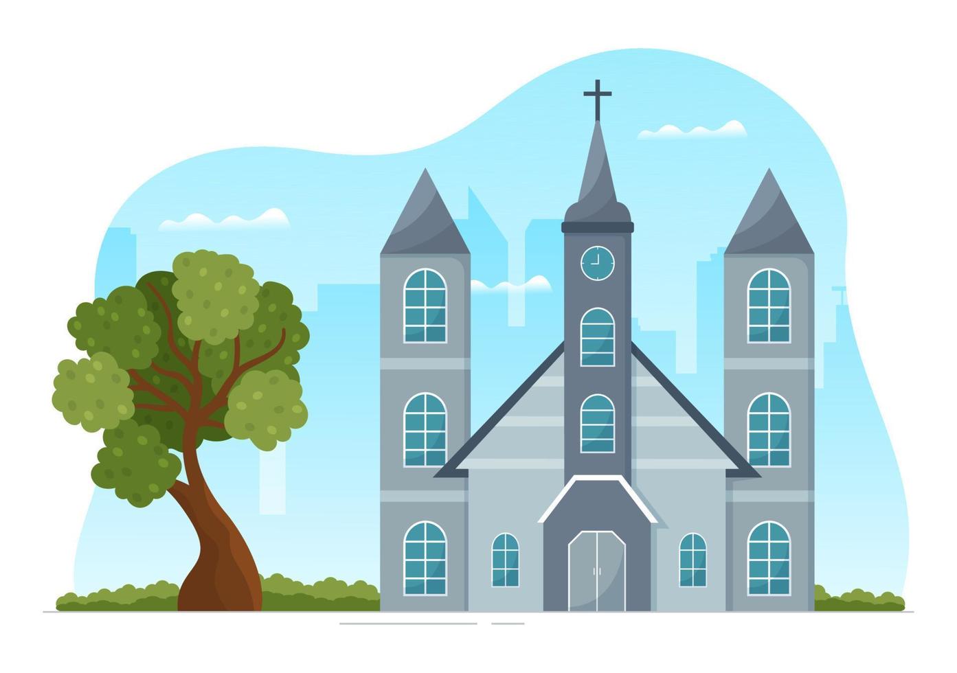 iglesia luterana con edificio de templo de catedral y arquitectura de lugar de religión cristiana en ilustración de plantilla dibujada a mano de dibujos animados planos vector