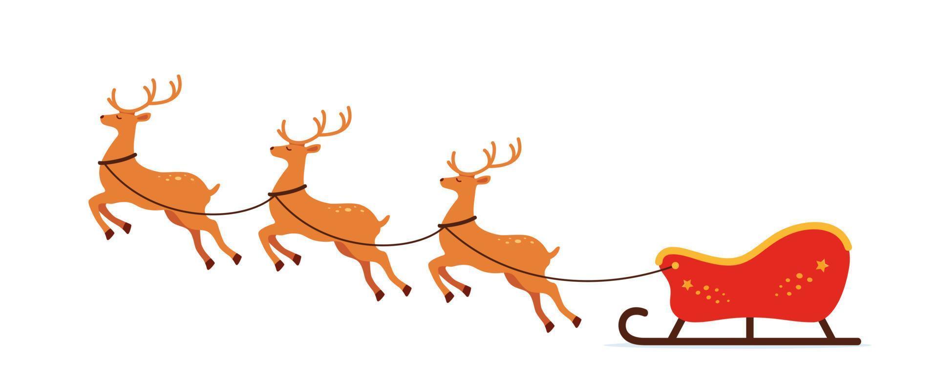 Santa on Sleigh and His Reindeers. Christmas Greeting card vector illustration.