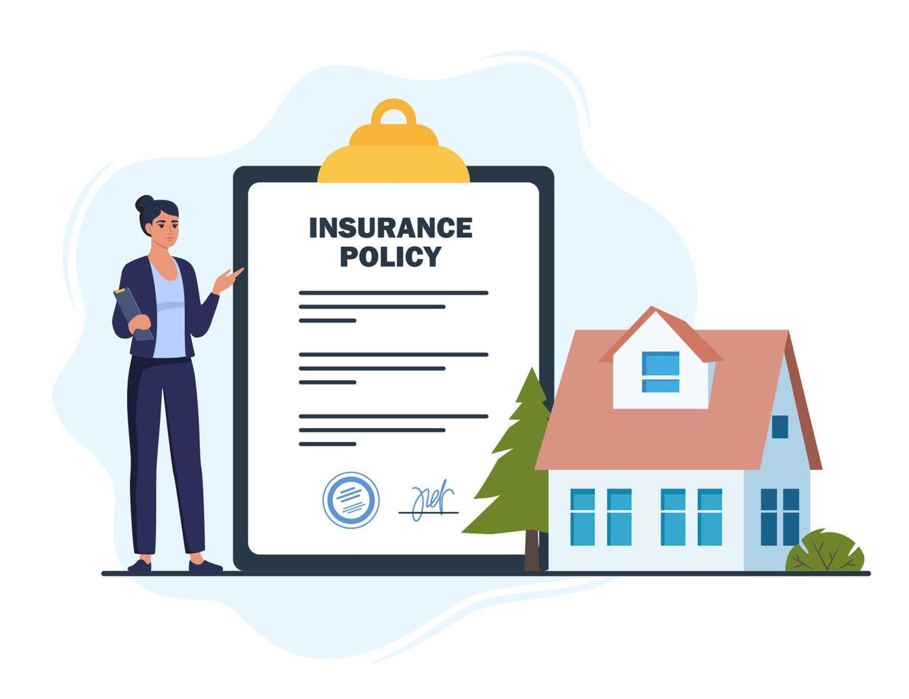 Woman insurance agent, Insurance policy on clipboard and beautiful private house. Real estate Insurance concept. House insurance business services. Vector illustration.