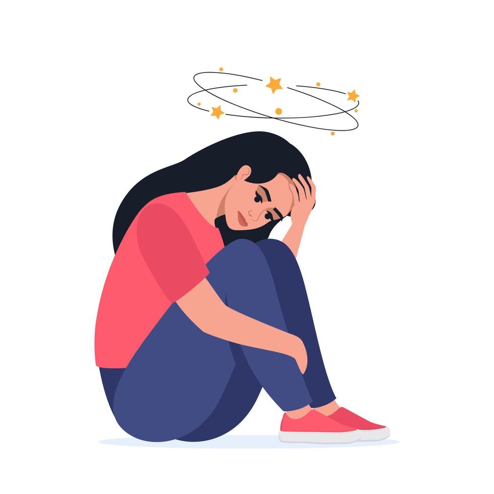 Sad woman having dizzy symptoms. Sick person sitting on ground with dizzy head, suffering from pain. Stress, dizziness, accident, health problems. Vector illustration.