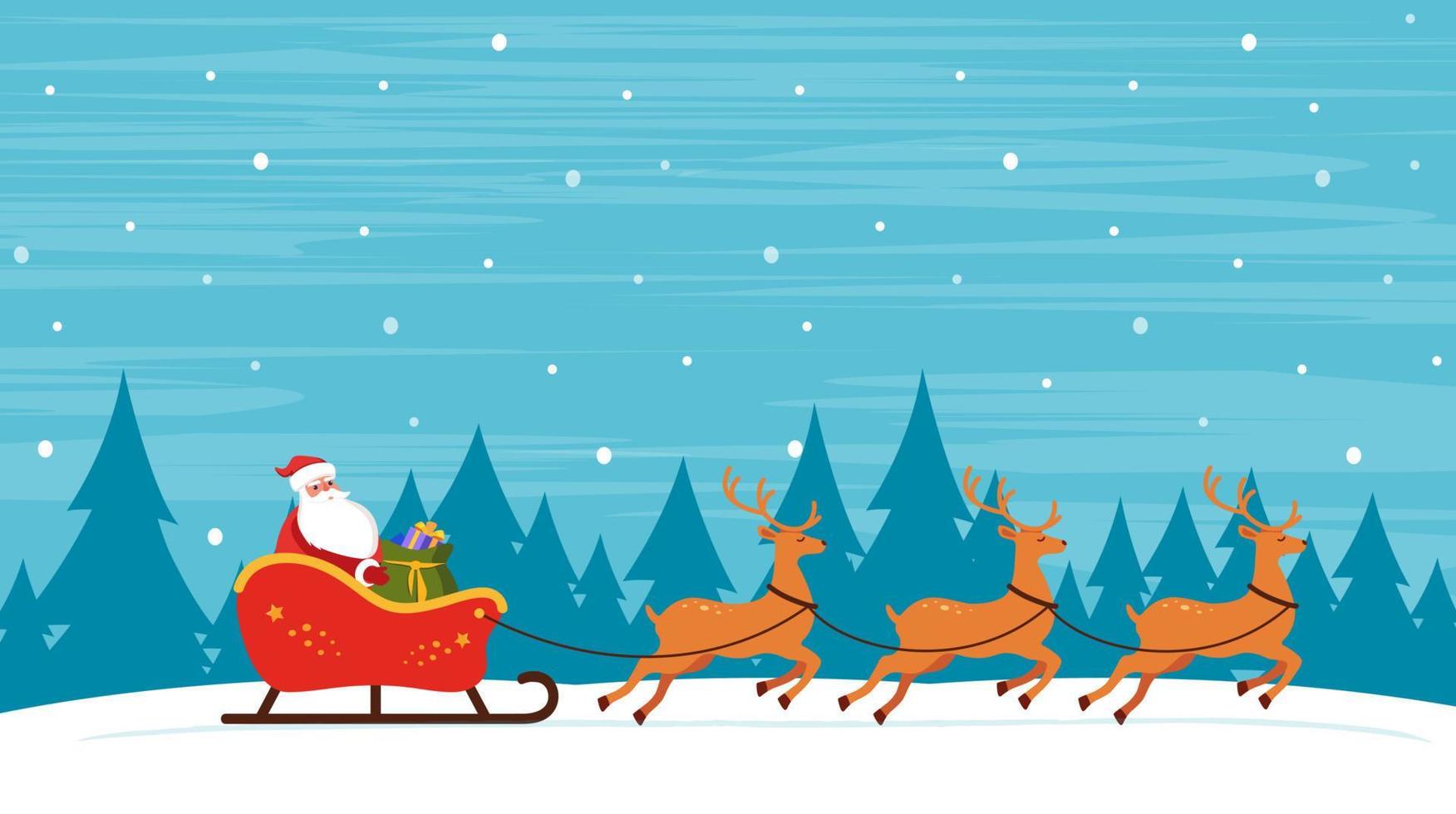 Santa Riding In Sledge With Reindeers on winter snowy background. Christmas Greeting card vector illustration.