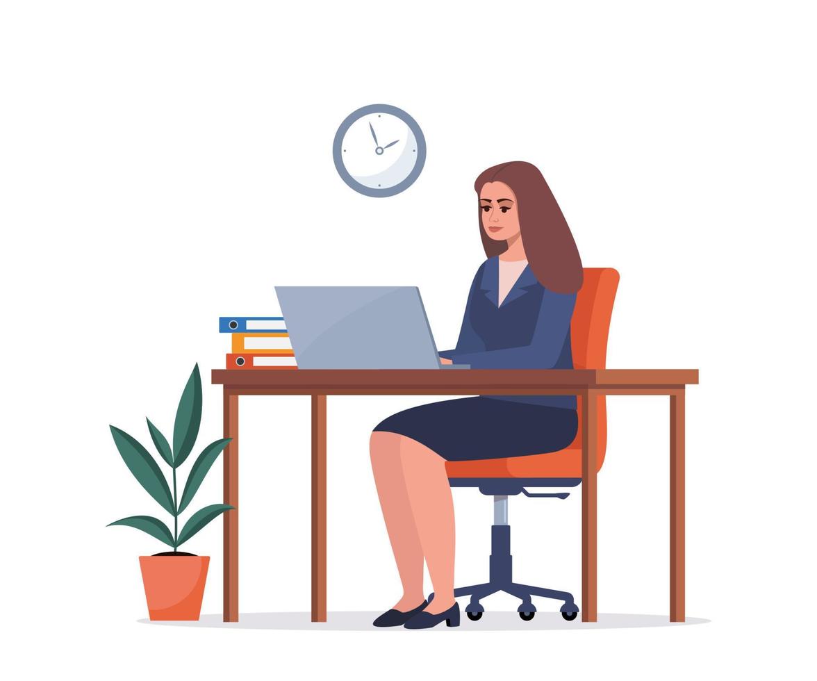 Business woman lady entrepreneur in a suit working on a laptop computer at her office desk. Flat style vector illustration.