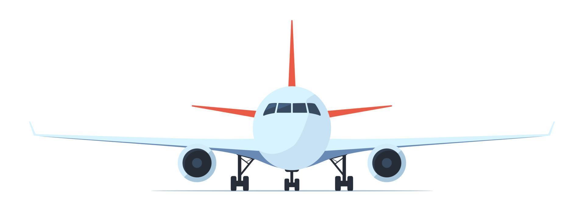 Passenger airplane, front view. Flat vector illustration of aeroplane with portholes, wings and engines.