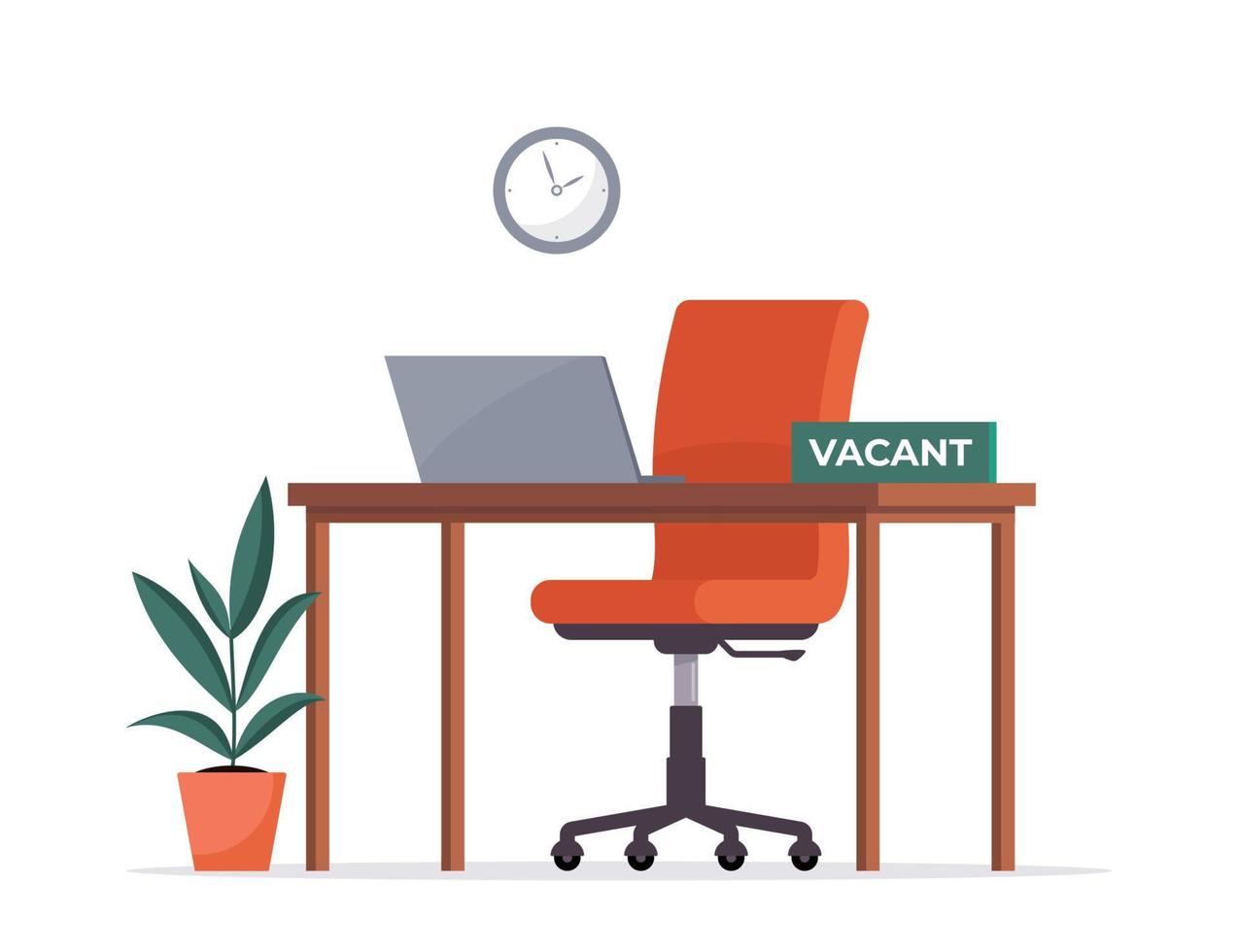 Vacant office workplace. We are hiring employment vacant sign. New company executives vacancy. Empty office armchair for executive. Recruitment and people management vector concept illustration.