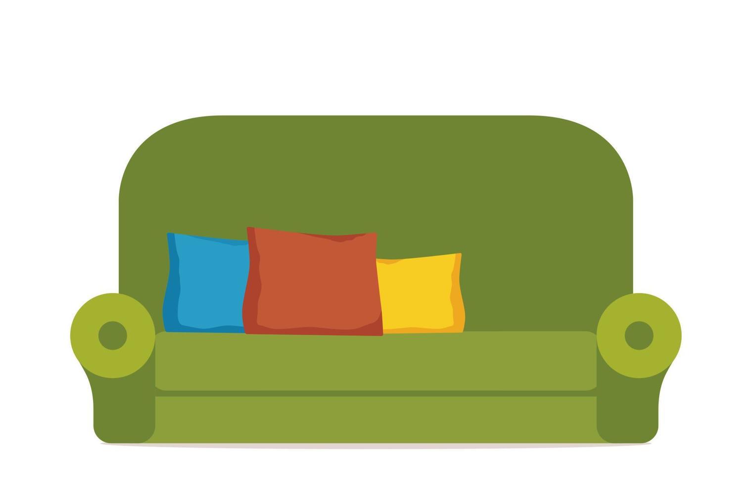 Cozy green sofa with colorful pillows. Comfortable couch. Furniture for living room. Soft seat. Colorful flat vector illustration isolated on white background.