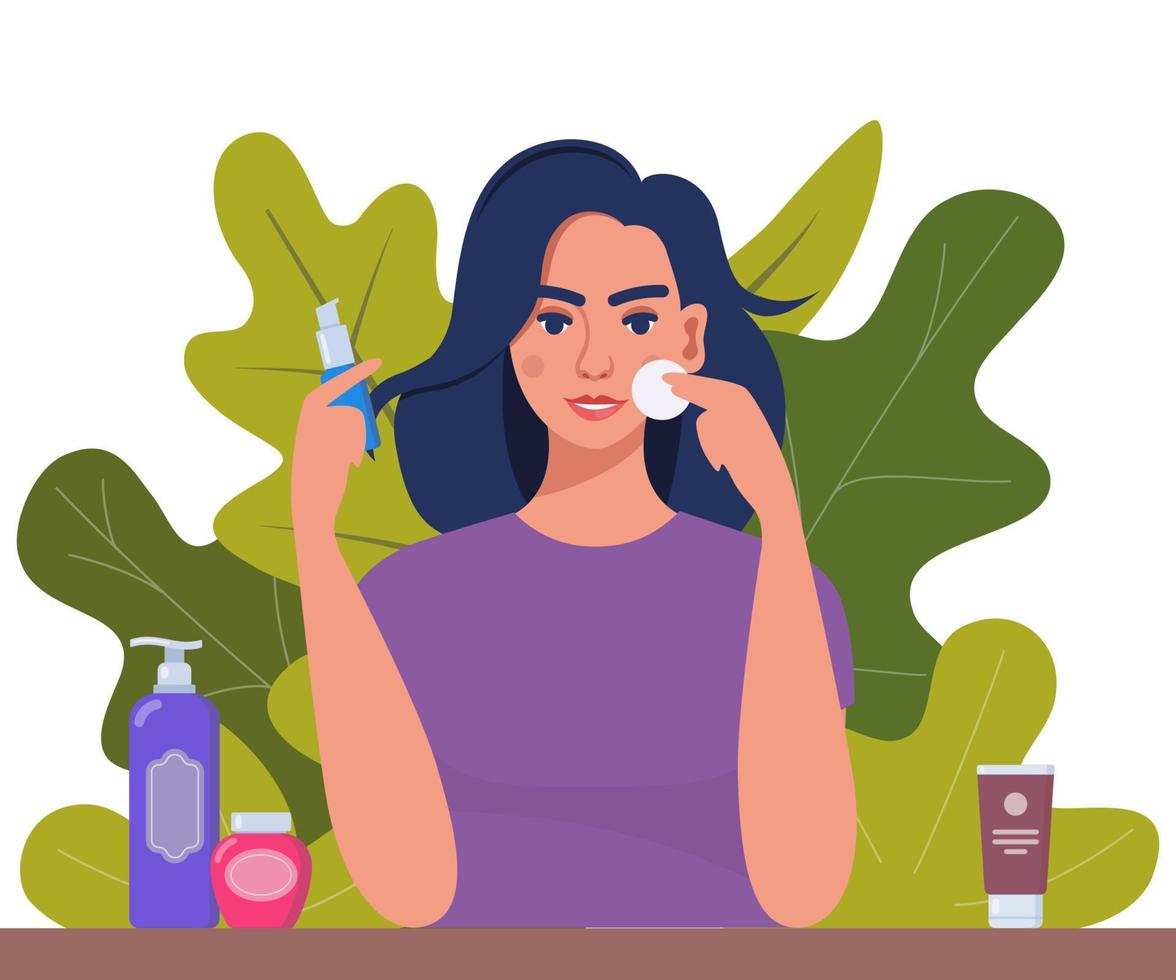 Young woman cleaning her face with cotton pad. Tubes and vials cosmetics, tropical leaves on background. Skin care concept for vegan organic cosmetics. Vector illustration.