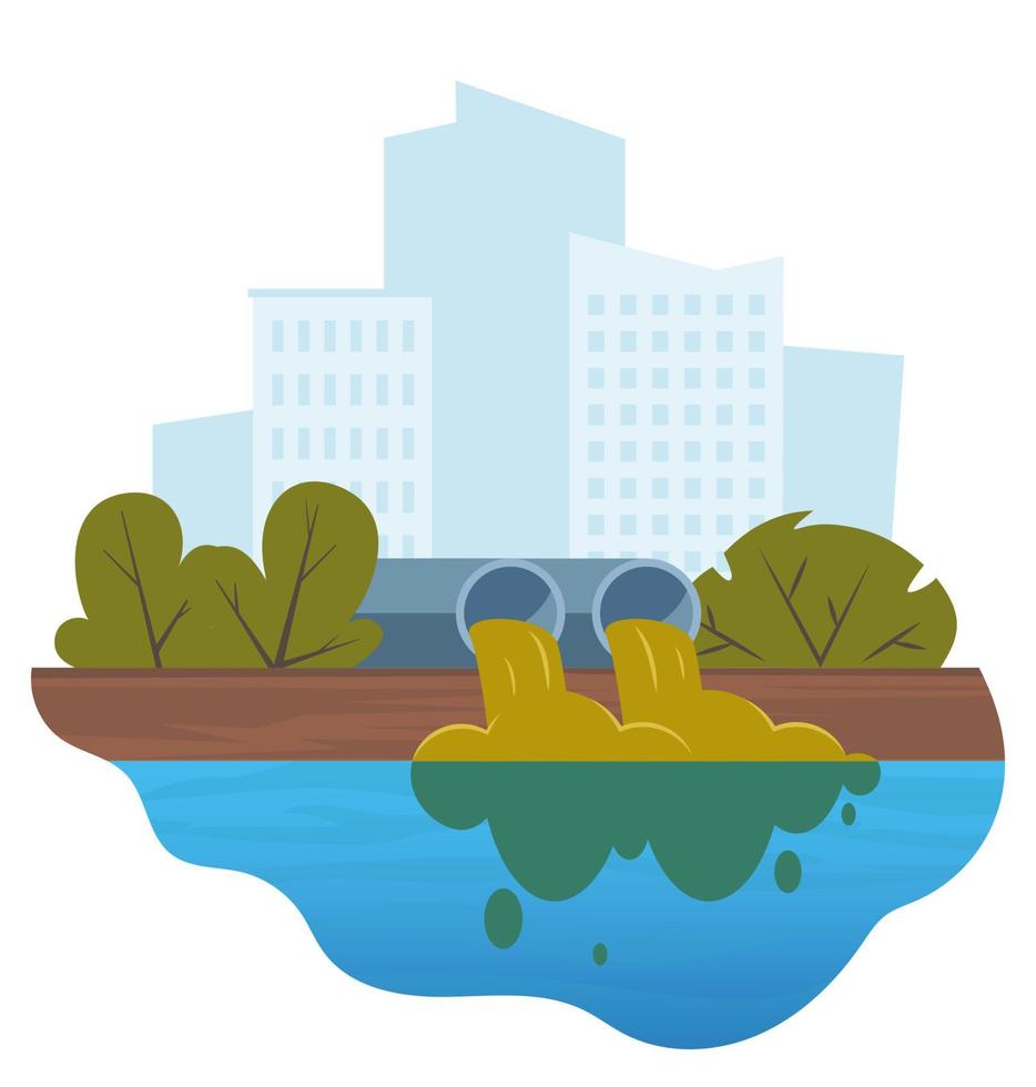 Dirty water stems from the pipe polluting the river. Discharge of liquid chemical waste. City in the background. The danger for the environment. Flat vector illustration for infographics.