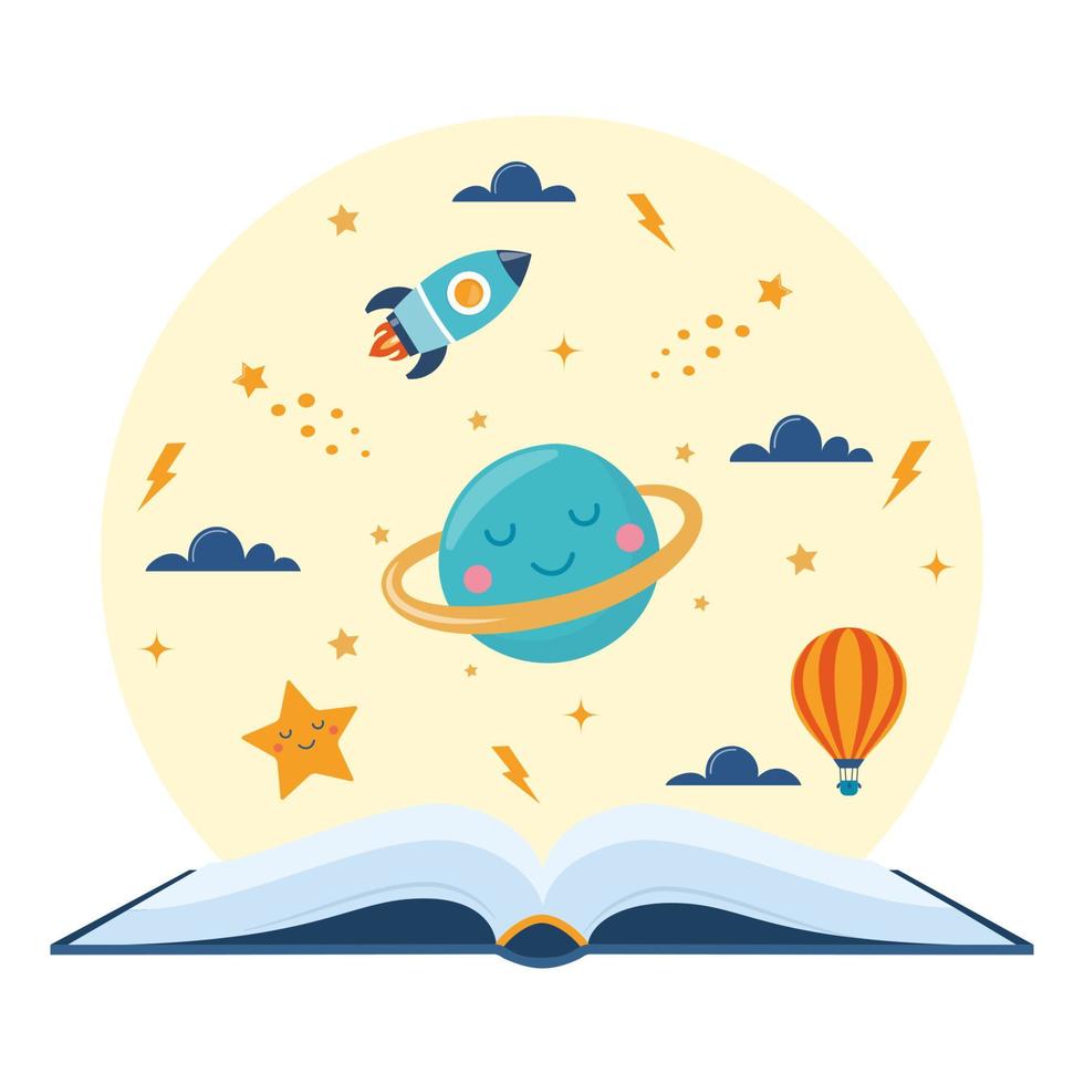 Open book and space elements. Planet, rocket, star, cloud, aerostat. Education concept for kids. Knowledge, creativity, discoveries. Design for educational motivational poster. Back to school. Vector. vector