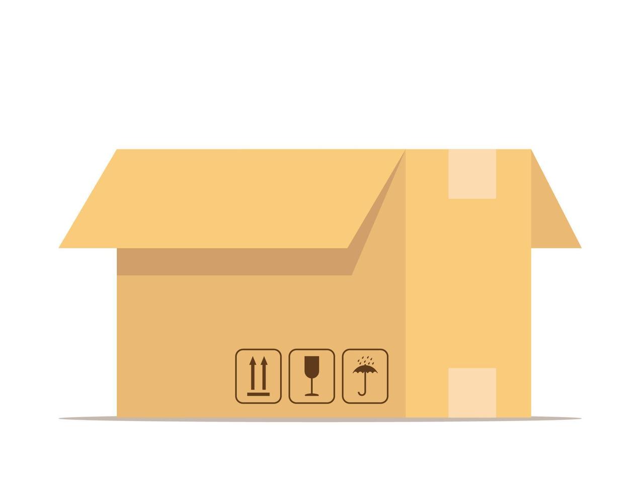 Open box. Carton delivery packaging with fragile signs. Box for packaging goods or belongings for moving. Vector illustration isolated on white.