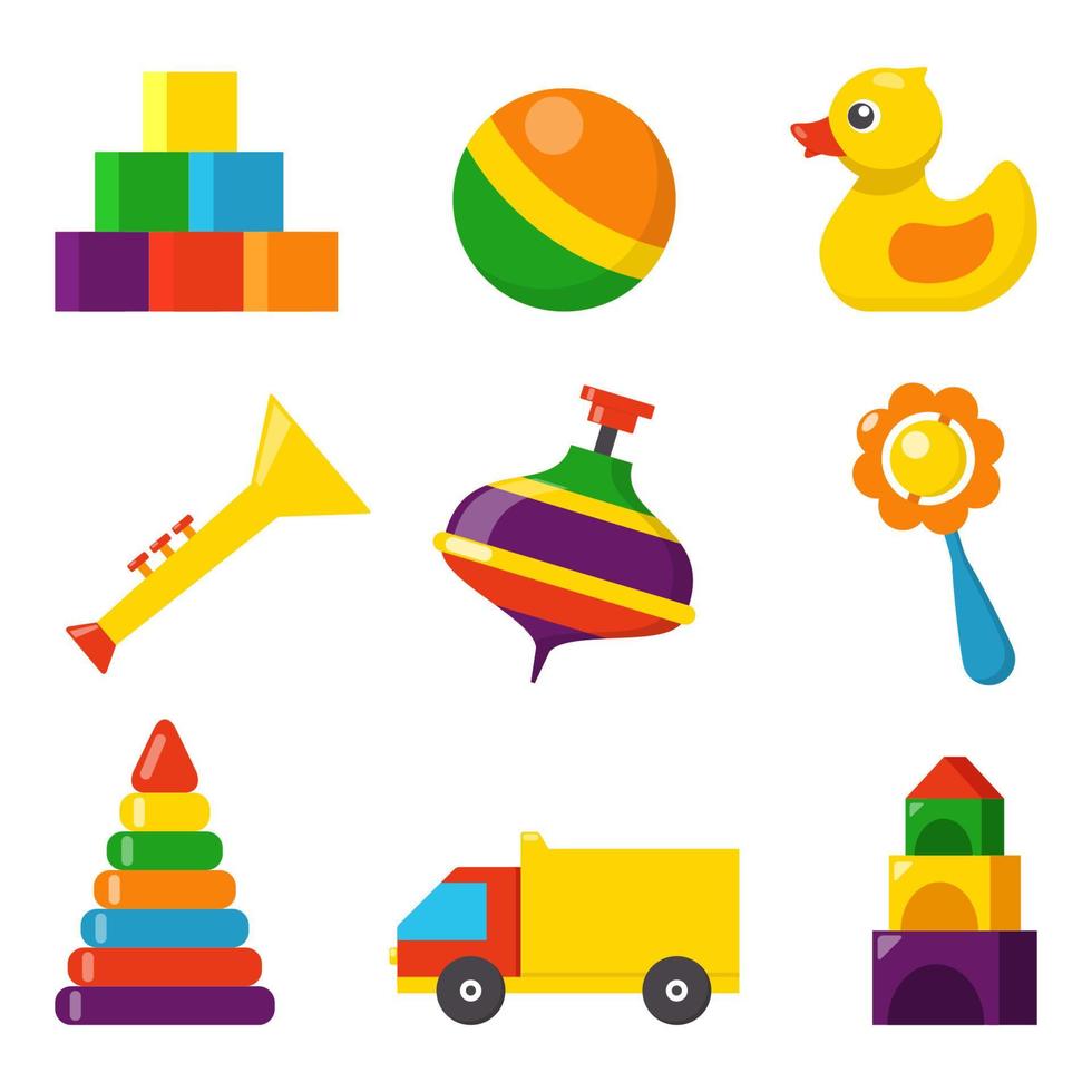 Colorful children toys, set of vector icons in flat style. Cubes, whirligig, duck, ball rattle, truck, pyramid, pipe. Toys for kids.