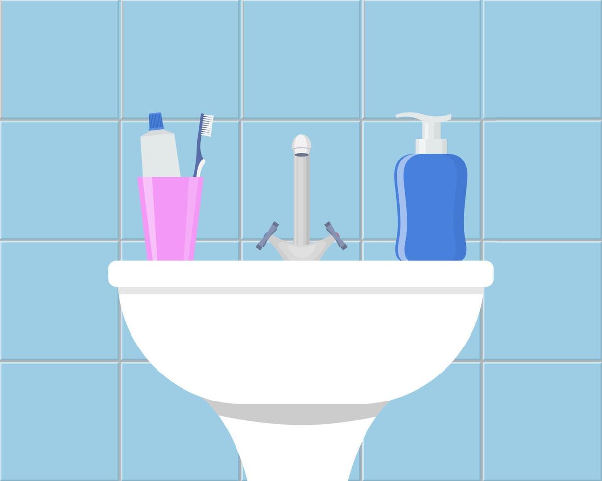 Bathroom sink with cosmetic liquid soap, toothpaste and toothbrush. Part of bathroom interior. Flat style vector illustration.