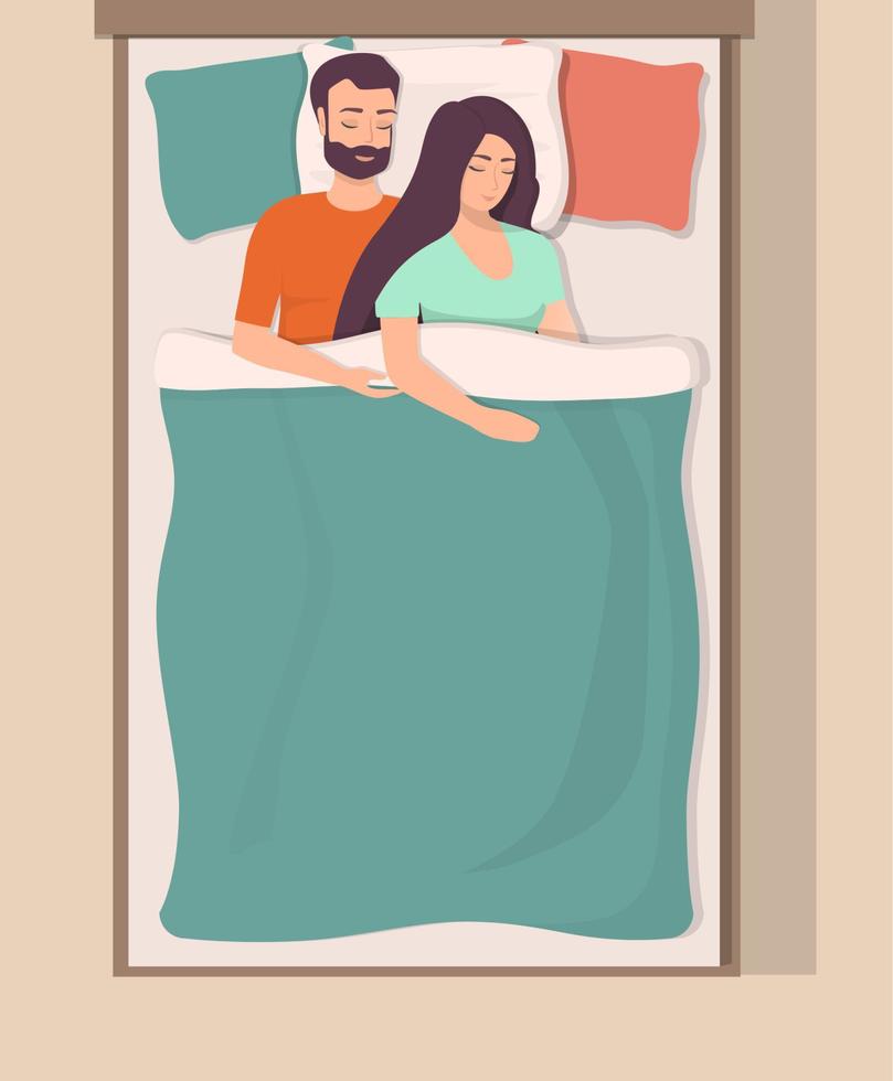 Man and woman sleeping in bed. Loving couple sleeps at night. Lovers sleep in an embrace. Flat vector illustration.