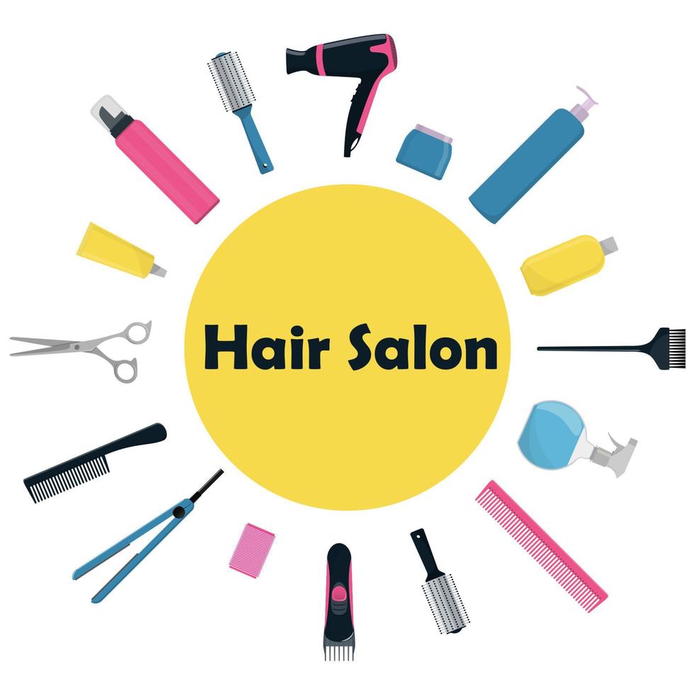 herramientas y productos cosméticos para el cuidado del cabello. herramientas profesionales de peluquería. un conjunto de elementos para un salón de belleza. ilustración vectorial en estilo plano. vector