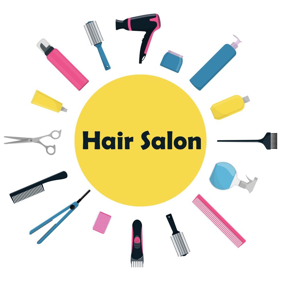 Tools and cosmetic products for hair care. Professional hairdressing tools. A set of elements for a beauty salon. Vector illustration in flat style.